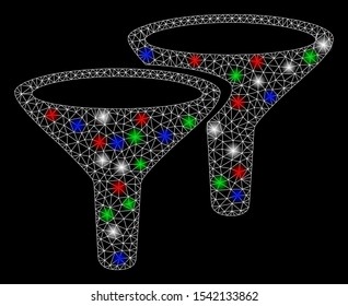 Bright mesh filters with glow effect. White wire carcass triangular network in vector format on a black background. Abstract 2d mesh designed with triangular lines, spheric points,