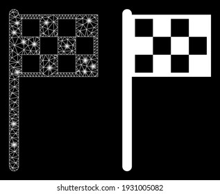 Bright mesh final flag with glow effect. Abstract illuminated model based on final flag icon. Shiny wire frame triangular mesh final flag. Vector abstraction on a black background.