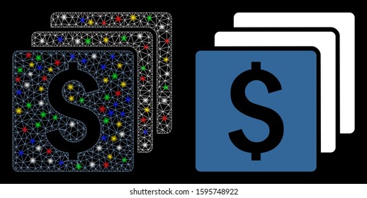 Bright mesh finances icon with glow effect. Abstract illuminated model of finances. Shiny wire carcass triangular mesh finances icon. Vector abstraction on a black background.