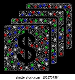 Bright mesh finances with lightspot effect. White wire frame triangular mesh in vector format on a black background. Abstract 2d mesh designed with triangular lines, small circle,