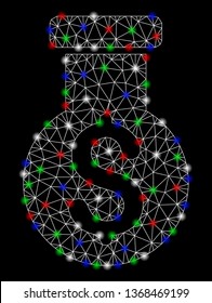 Bright mesh financial alchemy with glow effect. White wire carcass polygonal mesh in vector format on a black background. Abstract 2d mesh designed with polygonal grid, points, colored flash spots.
