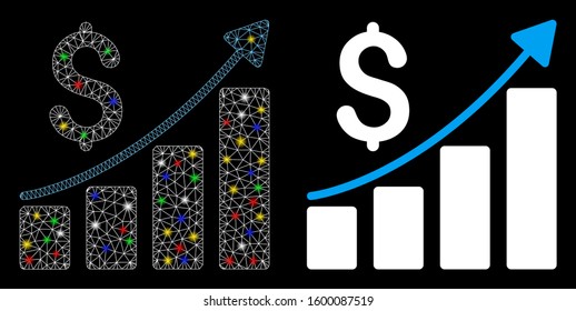 Bright mesh financial bar chart icon with glare effect. Abstract illuminated model of financial bar chart. Shiny wire frame triangular mesh financial bar chart icon.