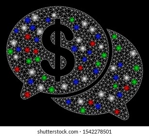 Bright mesh financial chat with glow effect. White wire carcass triangular mesh in vector format on a black background. Abstract 2d mesh designed with polygonal grid, spheric points,