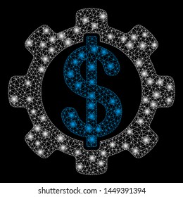 Bright mesh financial development gear with glitter effect. Abstract illuminated model of financial development gear icon. Shiny wire carcass triangular mesh financial development gear.