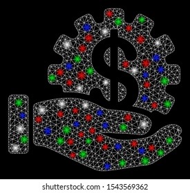 Bright mesh financial development gear hand with glow effect. White wire carcass polygonal mesh in vector format on a black background. Abstract 2d mesh designed with polygonal grid, small circle,