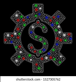Bright mesh financial development with glare effect. White wire carcass polygonal mesh in vector format on a black background. Abstract 2d mesh created from polygonal grid, round dots,