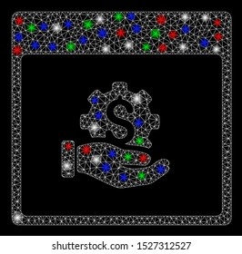 Bright mesh financial development hand calendar page with lightspot effect. White wire frame triangular mesh in vector format on a black background. Abstract 2d mesh designed with triangular lines,