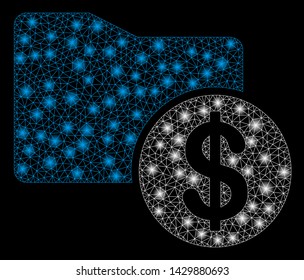 Bright mesh financial folder with glare effect. Abstract illuminated model of financial folder icon. Shiny wire frame polygonal network financial folder. Vector abstraction on a black background.