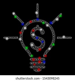 Bright mesh financial idea bulb with glare effect. White wire frame triangular network in vector format on a black background. Abstract 2d mesh designed with polygonal grid, dots, colored glare spots.