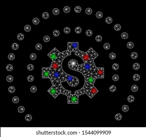 Bright mesh financial industry protection sphere with glare effect. White wire carcass triangular mesh in vector format on a black background. Abstract 2d mesh created from triangular lines,