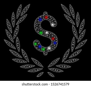 Bright mesh financial laurel wreath with glow effect. White wire carcass triangular mesh in vector format on a black background. Abstract 2d mesh created from triangular lines, dots,