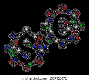 Bright mesh financial mechanics with glare effect. White wire frame triangular mesh in vector format on a black background. Abstract 2d mesh designed with triangles, dots, colored glare spots.