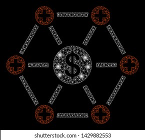 Bright mesh financial medical network with lightspot effect. Abstract illuminated model of financial medical network icon. Shiny wire carcass polygonal mesh financial medical network.