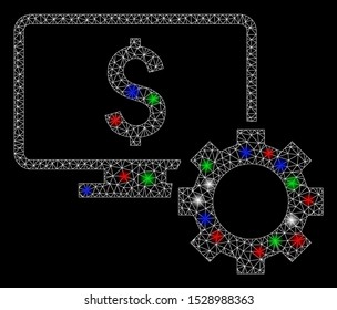 Bright mesh financial monitoring options with lightspot effect. White wire carcass triangular mesh in vector format on a black background. Abstract 2d mesh designed with triangular lines,