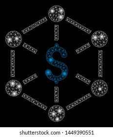 Bright mesh financial network with glare effect. Abstract illuminated model of financial network icon. Shiny wire carcass polygonal mesh financial network. Vector abstraction on a black background.