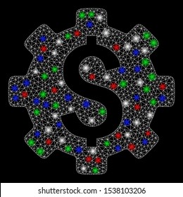 Bright mesh financial options with lightspot effect. White wire frame triangular mesh in vector format on a black background. Abstract 2d mesh designed with triangular lines, spheric points,