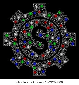 Bright mesh financial options with lightspot effect. White wire carcass polygonal network in vector format on a black background. Abstract 2d mesh built from polygonal grid, small circle,