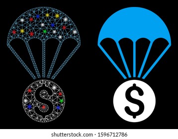 Bright mesh financial parachute icon with glow effect. Abstract illuminated model of financial parachute. Shiny wire carcass polygonal mesh financial parachute icon.