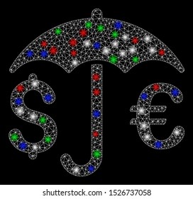 Bright mesh financial protection with lightspot effect. White wire frame triangular mesh in vector format on a black background. Abstract 2d mesh designed with triangular lines, spheric points,