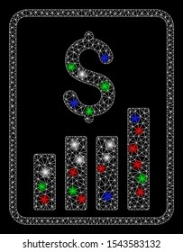 Bright mesh financial report with glow effect. White wire frame triangular mesh in vector format on a black background. Abstract 2d mesh built from triangular lines, dots, colorful flash spots.