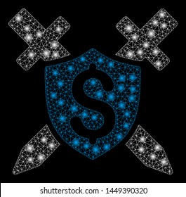 Bright mesh financial shield with glare effect. Abstract illuminated model of financial shield icon. Shiny wire frame triangular mesh financial shield. Vector abstraction on a black background.
