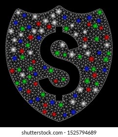 Bright mesh financial shield with glare effect. White wire carcass polygonal mesh in vector format on a black background. Abstract 2d mesh designed with polygonal grid, small circle,