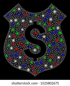 Bright mesh financial shield with lightspot effect. White wire frame polygonal mesh in vector format on a black background. Abstract 2d mesh designed with polygonal grid, spheric points,