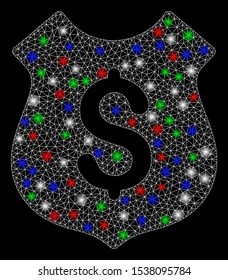 Bright mesh financial shield with lightspot effect. White wire frame polygonal mesh in vector format on a black background. Abstract 2d mesh built from polygonal grid, round dots, colored glare spots.