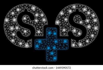 Bright mesh financial sum with lightspot effect. Abstract illuminated model of financial sum icon. Shiny wire carcass triangular mesh financial sum. Vector abstraction on a black background.