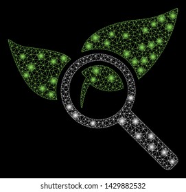 Bright mesh find herbs with lightspot effect. Abstract illuminated model of find herbs icon. Shiny wire frame polygonal mesh find herbs. Vector abstraction on a black background.