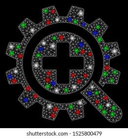 Bright mesh find medical technology with glare effect. White wire carcass polygonal mesh in vector format on a black background. Abstract 2d mesh created from polygonal grid, small circle,