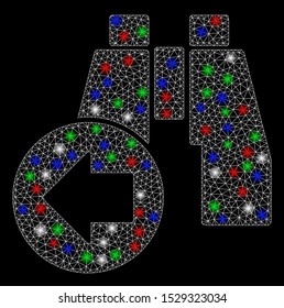 Bright mesh find previous binoculars with lightspot effect. White wire carcass polygonal network in vector format on a black background. Abstract 2d mesh designed with polygonal grid, spheric points,