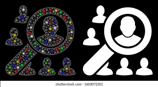 Bright mesh find user icon with lightspot effect. Abstract illuminated model of find user. Shiny wire carcass polygonal mesh find user icon. Vector abstraction on a black background.