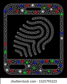 Bright mesh fingerprint scanner with glare effect. White wire carcass polygonal mesh in vector format on a black background. Abstract 2d mesh created from polygonal grid, spheric points,