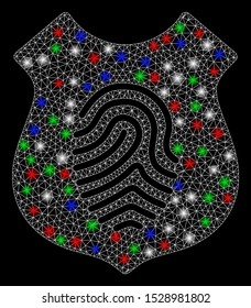 Bright mesh fingerprint shield with glare effect. White wire carcass triangular mesh in vector format on a black background. Abstract 2d mesh built from triangular lines, small circle,