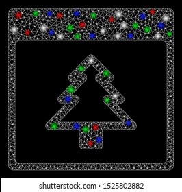 Bright mesh fir tree calendar page with glow effect. White wire frame triangular mesh in vector format on a black background. Abstract 2d mesh designed with triangular lines, dots,