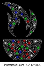 Bright mesh fire bowl with glow effect. White wire carcass polygonal mesh in vector format on a black background. Abstract 2d mesh designed with polygonal grid, dots, colorful light spots.