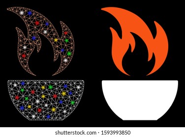Bright mesh fire bowl icon with glare effect. Abstract illuminated model of fire bowl. Shiny wire frame polygonal mesh fire bowl icon. Vector abstraction on a black background.