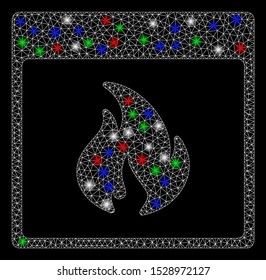 Bright mesh fire calendar page with glare effect. White wire frame triangular mesh in vector format on a black background. Abstract 2d mesh designed with polygonal grid, points, colorful glare spots.