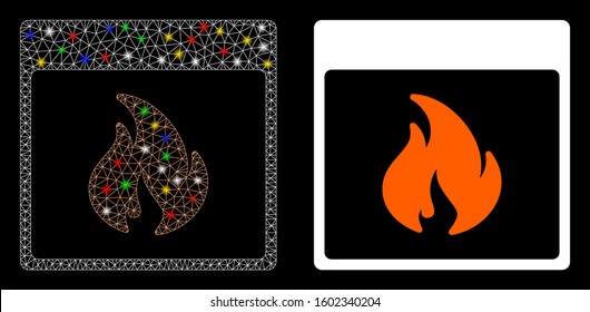Bright mesh fire calendar page icon with glow effect. Abstract illuminated model of fire calendar page. Shiny wire carcass triangular mesh fire calendar page icon.
