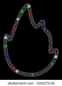 Bright mesh fire contour with glare effect. White wire frame triangular mesh in vector format on a black background. Abstract 2d mesh designed with triangular lines, small circle, colored glare spots.