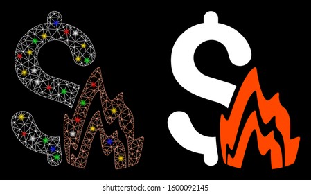 Bright mesh fire disaster icon with glare effect. Abstract illuminated model of fire disaster. Shiny wire frame polygonal mesh fire disaster icon. Vector abstraction on a black background.