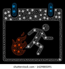 Bright mesh fire evacuation man calendar day with glitter effect. Abstract illuminated model of fire evacuation man calendar day icon.