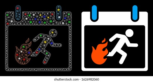 Bright mesh fire evacuation man calendar day icon with sparkle effect. Abstract illuminated model of fire evacuation man calendar day.
