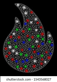Bright mesh fire with glare effect. White wire frame polygonal mesh in vector format on a black background. Abstract 2d mesh designed with polygonal grid, round dots, colorful glare spots.