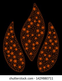 Bright mesh fire with glow effect. Abstract illuminated model of fire icon. Shiny wire carcass triangular mesh fire. Vector abstraction on a black background.