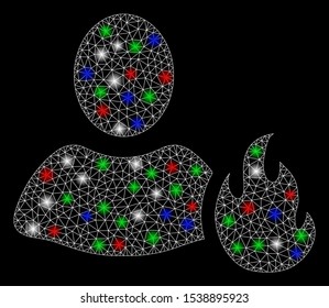 Bright mesh fire with glow effect. White wire frame triangular mesh in vector format on a black background. Abstract 2d mesh designed with triangular lines, spheric points, colorful flash spots.