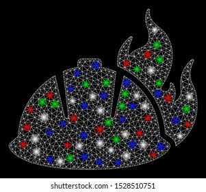 Bright mesh fire helmet with lightspot effect. White wire carcass triangular network in vector format on a black background. Abstract 2d mesh designed with triangular lines, round dots,