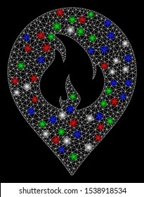 Bright mesh fire marker with glow effect. White wire frame polygonal network in vector format on a black background. Abstract 2d mesh designed with polygonal grid, spheric points, colored light spots.