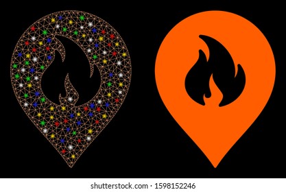 Bright mesh fire marker icon with glare effect. Abstract illuminated model of fire marker. Shiny wire carcass polygonal mesh fire marker icon. Vector abstraction on a black background.
